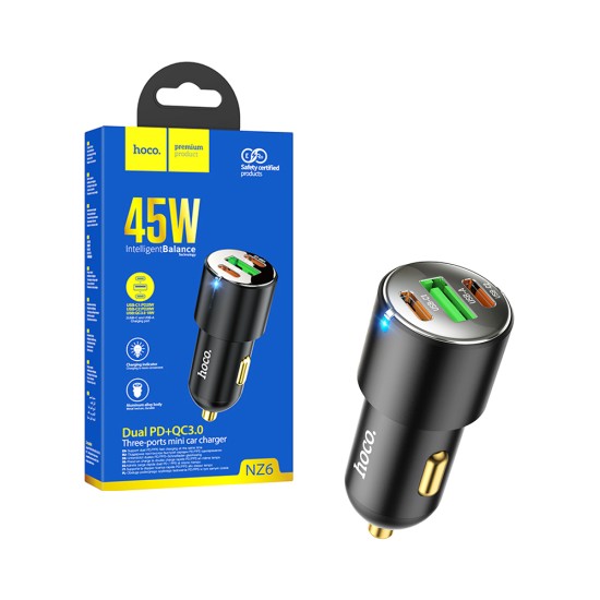 Cargador De Coche Hoco NZ6 3 Puerto USB+2 Tipo-C 45W Negro